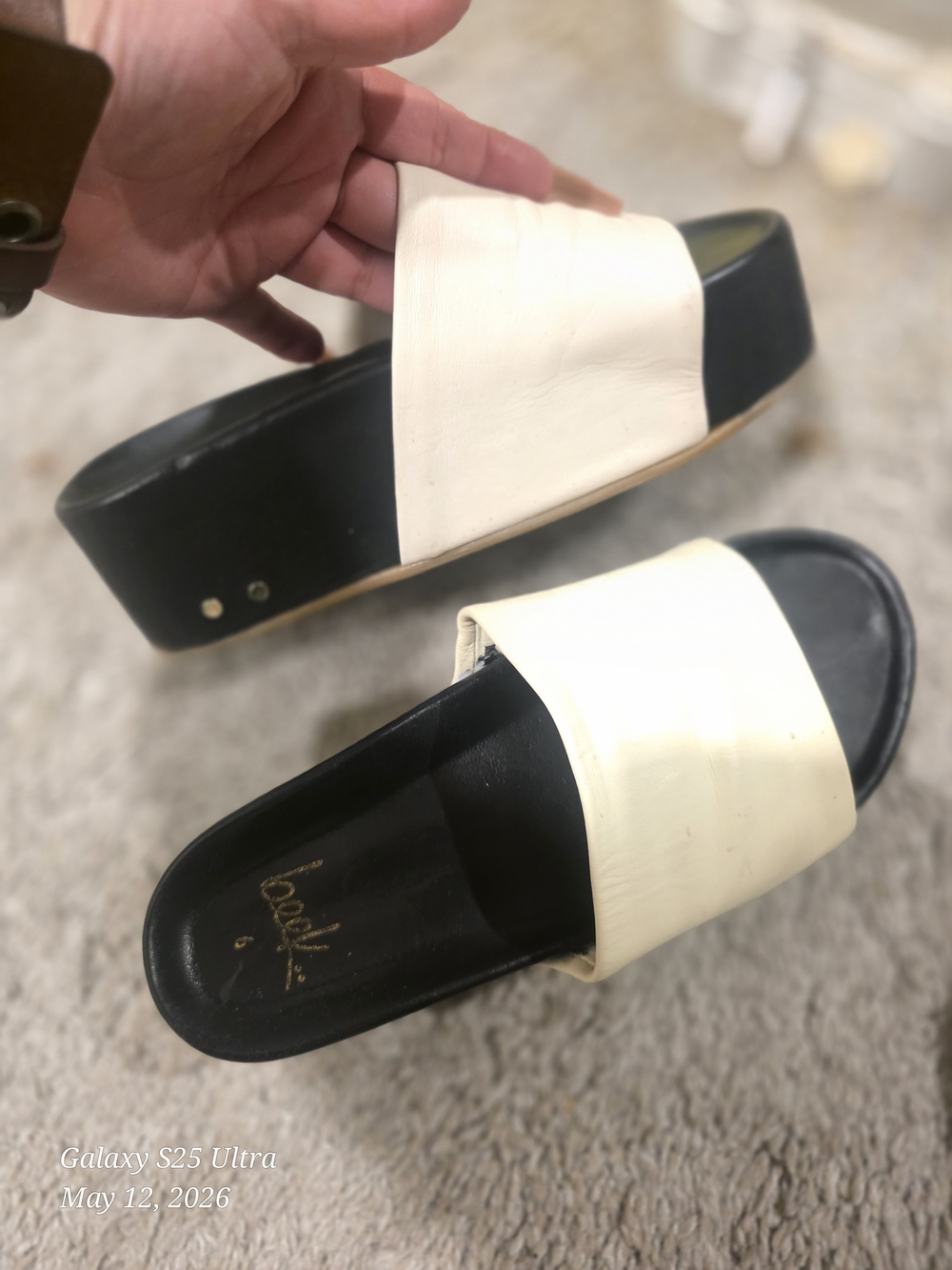 beek Cream and Black Platform Slide Sandals